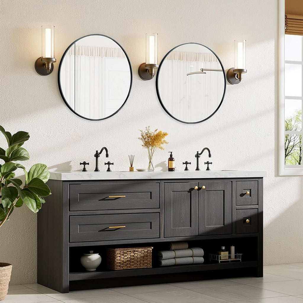 24 Inch Round Mirror – Matte Black Metal Framed Bathroom Wall Mirror, Anti-Rust