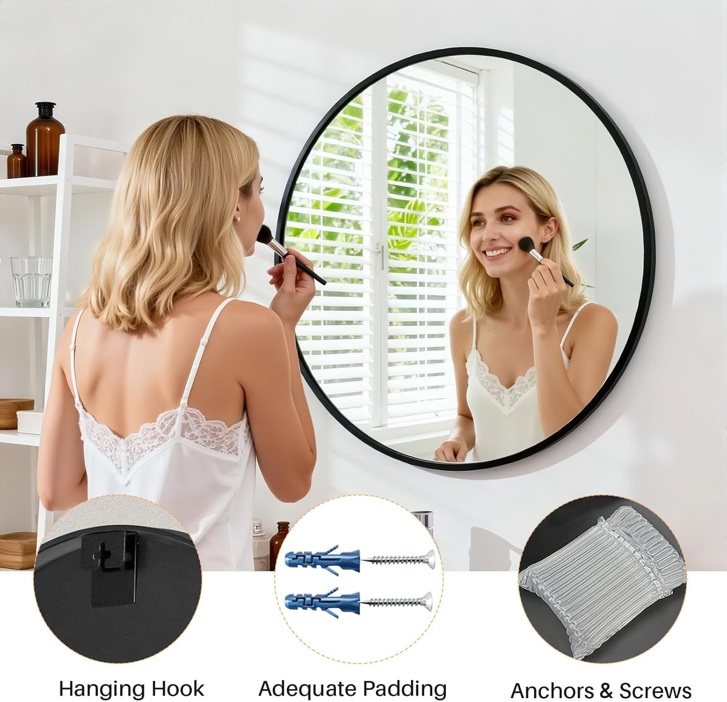 24 Inch Round Mirror – Matte Black Metal Framed Bathroom Wall Mirror, Anti-Rust Vanity