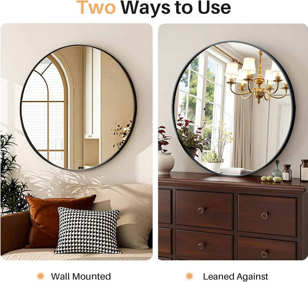 24 Inch Round Mirror – Matte Black Metal Framed Bathroom Wall Mirror, Anti-Rust Vanity Mirror