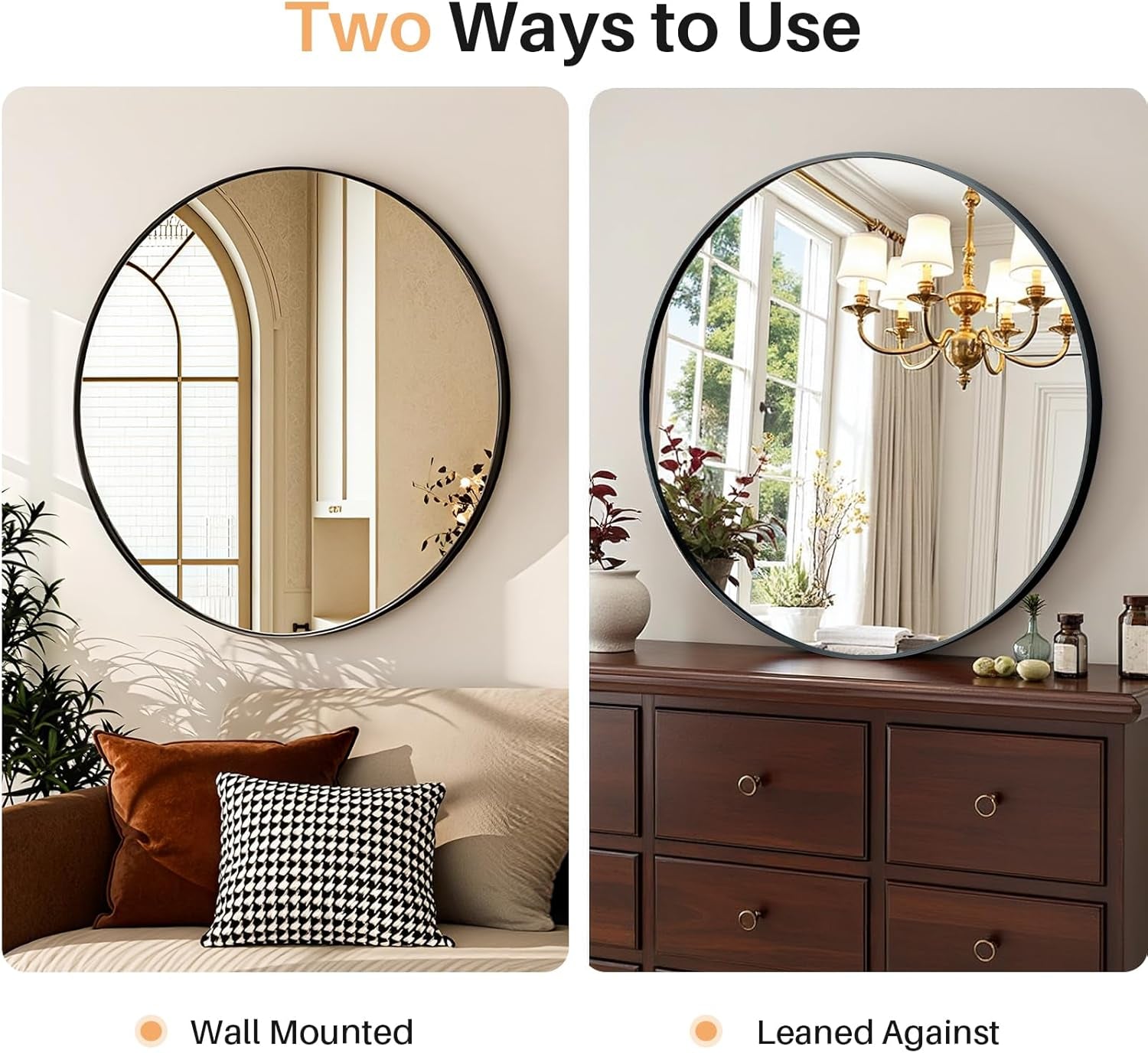 24 Inch Round Mirror – Matte Black Metal Framed Bathroom Wall Mirror, Anti-Rust Vanity Mirror