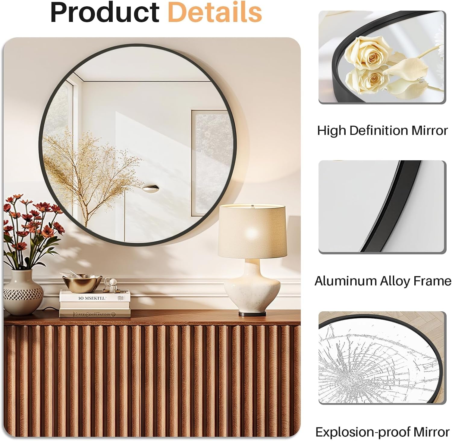 24 Inch Round Mirror – Matte Black Metal Framed Bathroom Wall Mirror, Anti-Rust Vanity Mirror for Bathroom