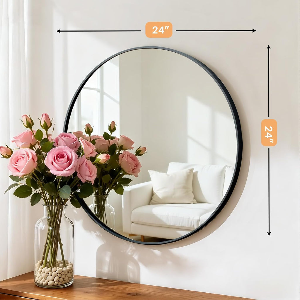 24 Inch Round Mirror – Matte Black Metal Framed Bathroom Wall Mirror, Anti-Rust Vanity Mirror for Bathroom, Bedroom