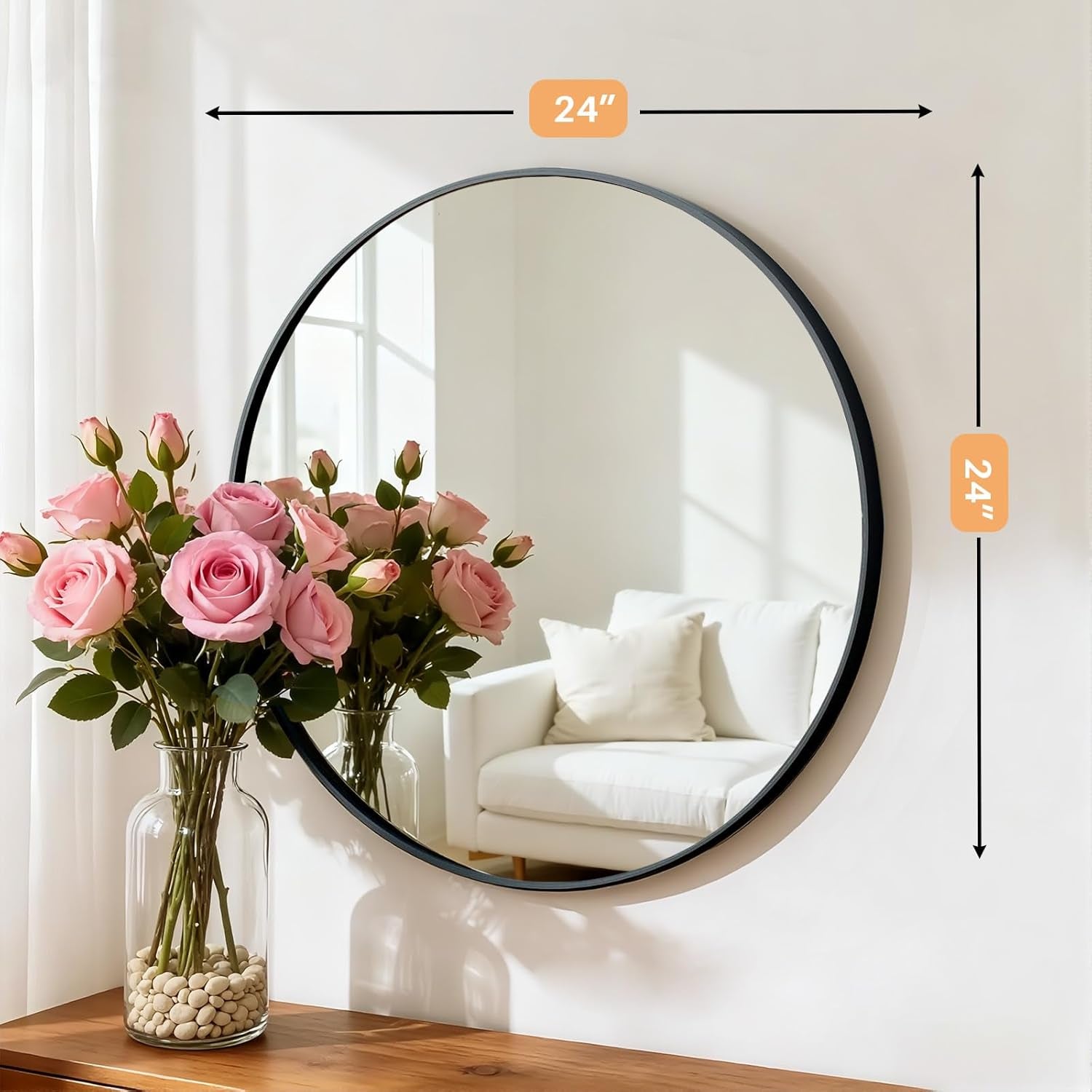 24 Inch Round Mirror – Matte Black Metal Framed Bathroom Wall Mirror, Anti-Rust Vanity Mirror for Bathroom, Bedroom
