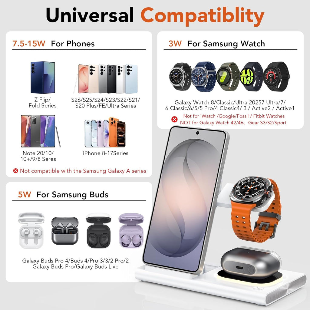 3 in 1 Wireless Charging Station for Samsung – Foldable Fast Charger Stand with Night