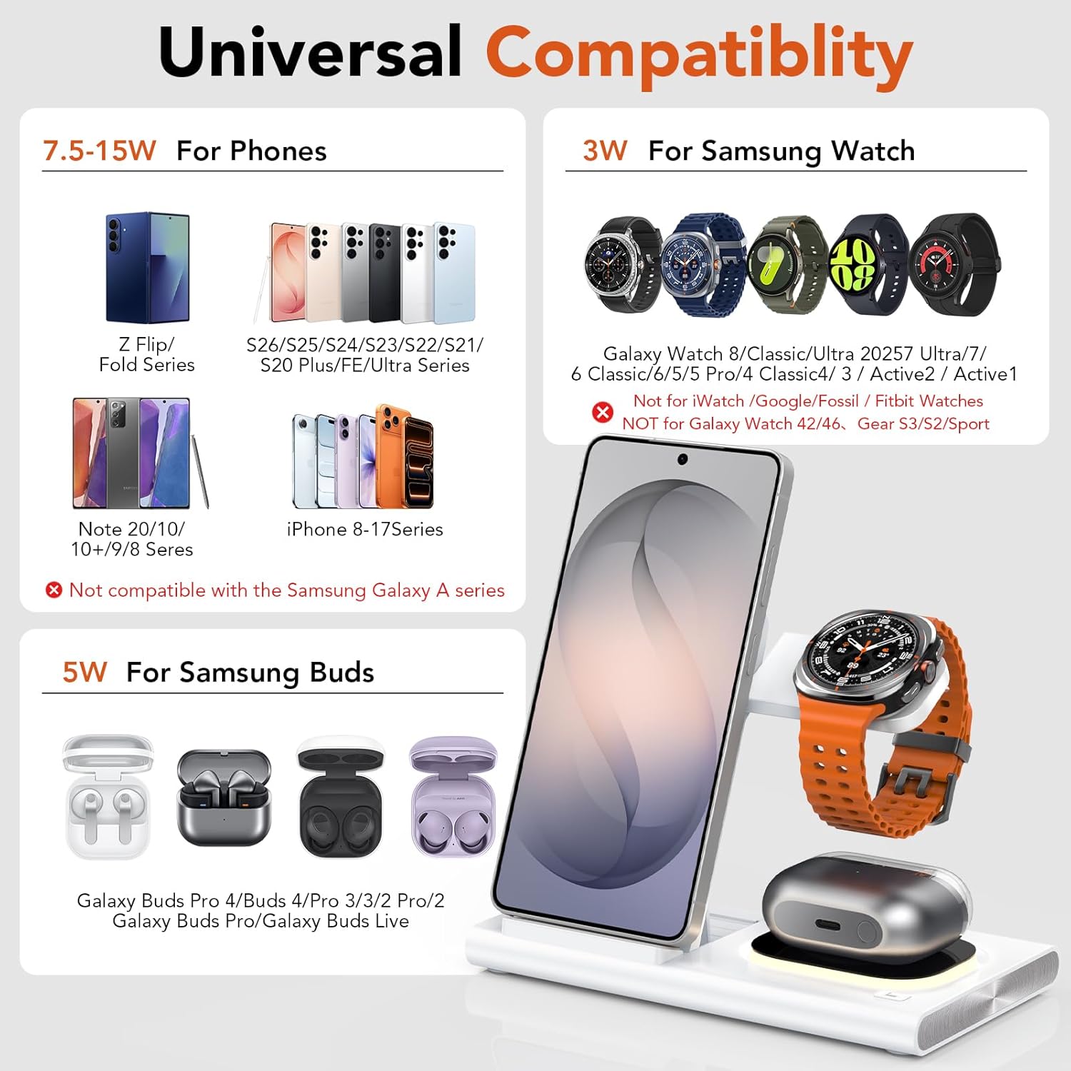 3 in 1 Wireless Charging Station for Samsung – Foldable Fast Charger Stand with Night