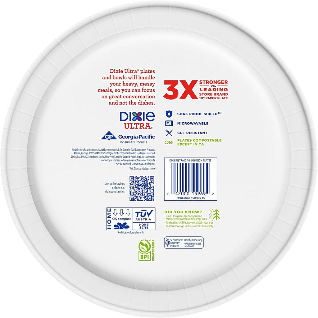 Dixie Ultra, Large Paper Plates, 10 Inch, 100 Count, 3X Stronger*, Heavy Duty, Microwave-Safe, Soak-Proof, Cut Resistant, Disposable Plates for Heavy, Messy Meals