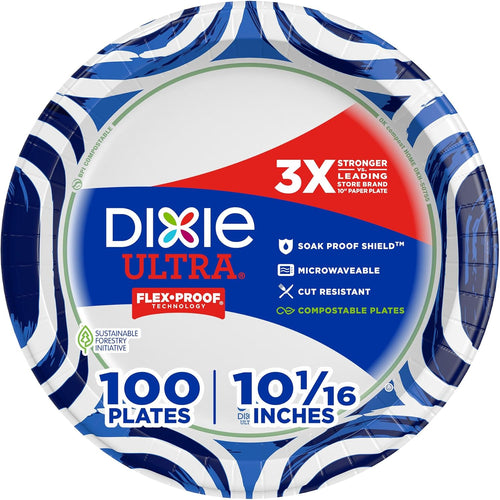 Dixie Ultra, Large Paper Plates, 10 Inch, 100 Count, 3X Stronger*, Heavy Duty, Microwave-Safe, Soak-Proof, Cut Resistant, Disposable Plates for Heavy, Messy Meals