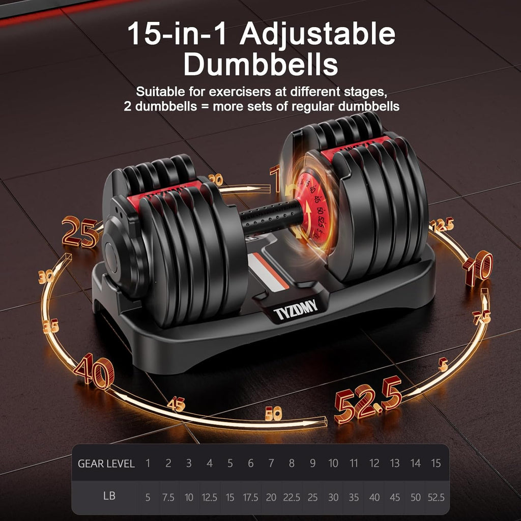 Adjustable Dumbbells for Home Gym – 15-in-1 Weight Set (5–52.5 lbs Each) Pair of Free Weights for Strength
