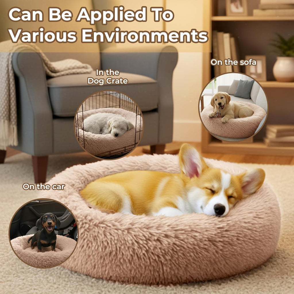 Calming Donut Dog Bed – Anti Anxiety Fluffy Plush Pet Bed with Raised