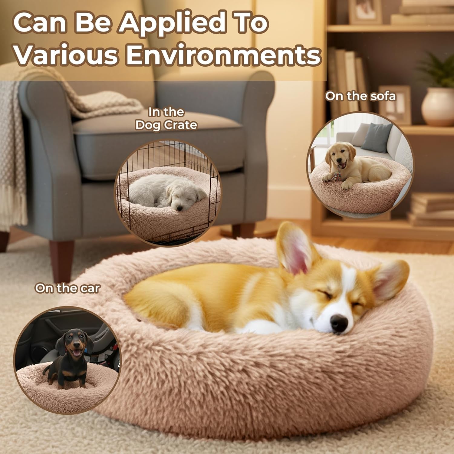 Calming Donut Dog Bed – Anti Anxiety Fluffy Plush Pet Bed with Raised