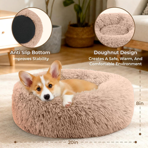 Calming Donut Dog Bed – Anti Anxiety Fluffy Plush Pet Bed with Raised Rim & Non-Slip Base