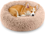 Calming Donut Dog Bed – Anti Anxiety Fluffy Plush Pet Bed with Raised Rim & Non-Slip Base (20 Inch, Camel)