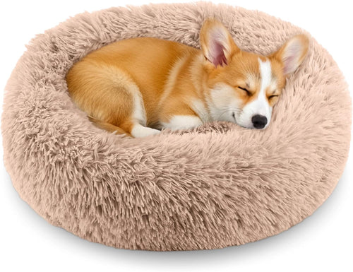 Calming Donut Dog Bed – Anti Anxiety Fluffy Plush Pet Bed with Raised Rim & Non-Slip Base (20 Inch, Camel)