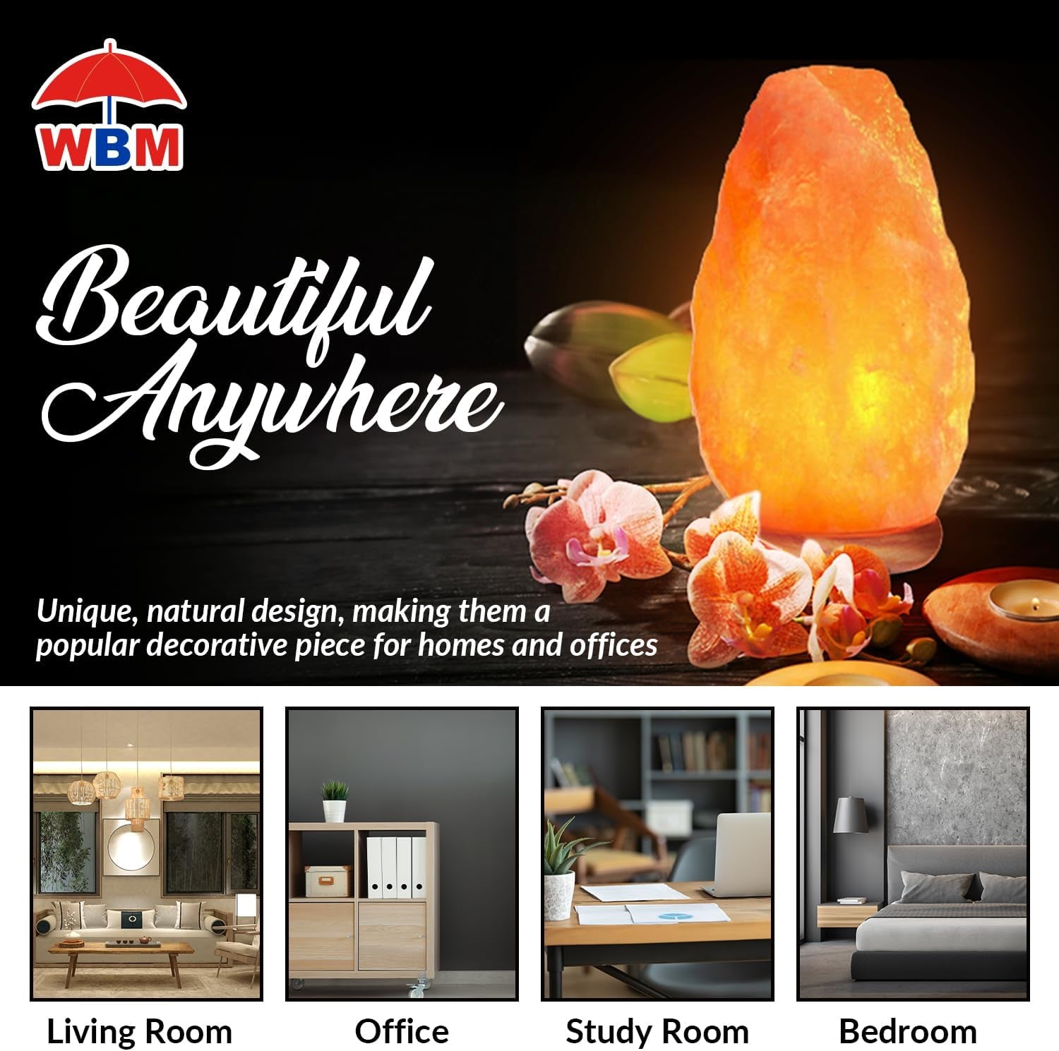 Himalayan Pink Salt Lamp – USB Natural Crystal Lamp with Touch Dimmer, Wooden Base