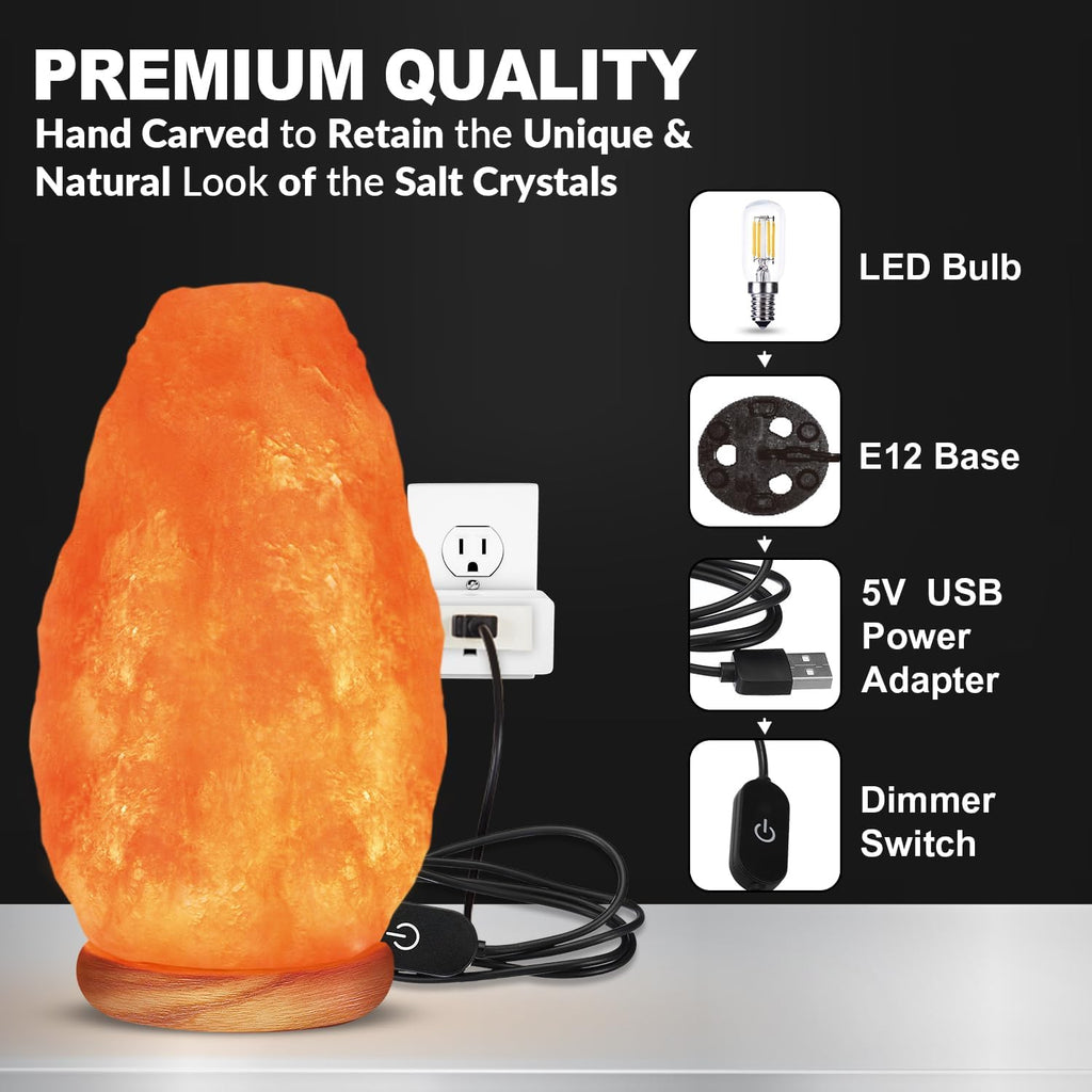 Himalayan Pink Salt Lamp – USB Natural Crystal Lamp with Touch Dimmer, Wooden Base & LED Light for Home Décor, Relaxation