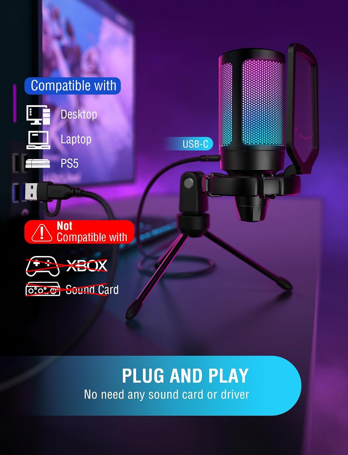 PC Microphone for Gaming – USB Condenser Mic with RGB Lighting,