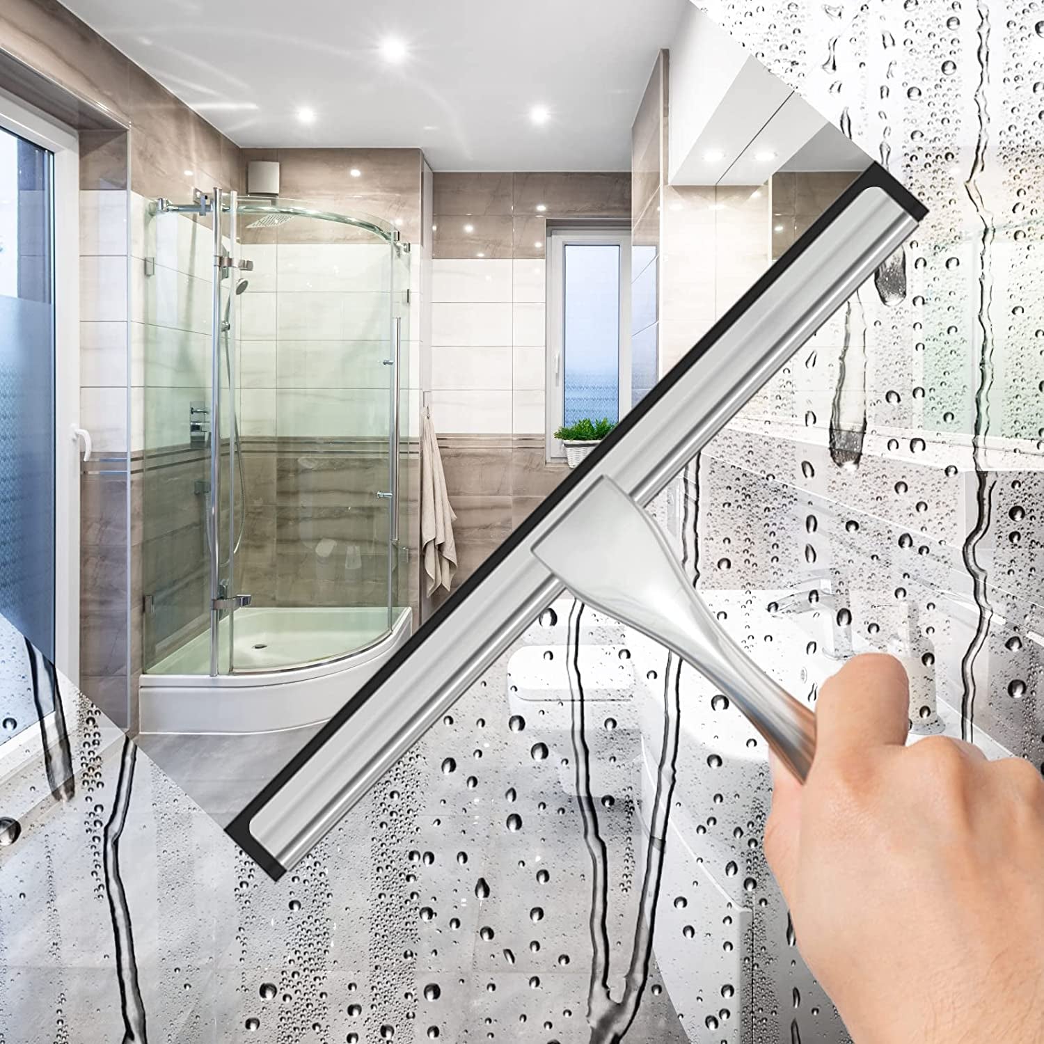 Stainless Steel Shower Squeegee – 10 Inch Streak-Free Glass Cleaner for Shower Doors, Mirrors, Tiles & Car Windows with 2