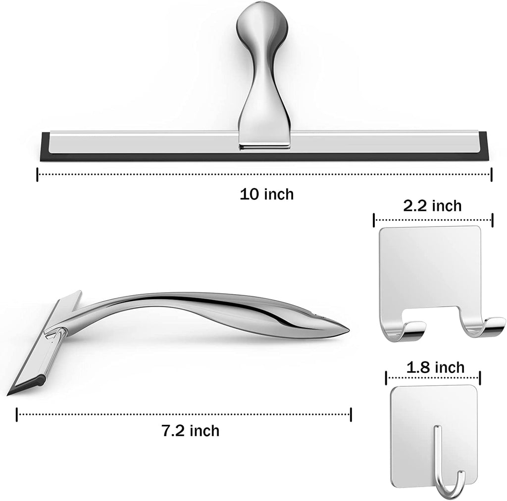 Stainless Steel Shower Squeegee – 10 Inch Streak-Free Glass Cleaner for Shower Doors, Mirrors, Tiles & Car Windows with 2 Adhesive