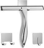Stainless Steel Shower Squeegee – 10 Inch Streak-Free Glass Cleaner for Shower Doors, Mirrors, Tiles & Car Windows with 2 Adhesive Hooks