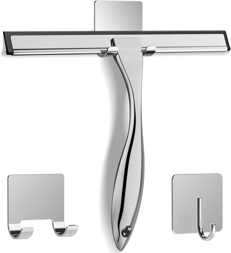 Stainless Steel Shower Squeegee – 10 Inch Streak-Free Glass Cleaner for Shower Doors, Mirrors, Tiles & Car Windows with 2 Adhesive Hooks